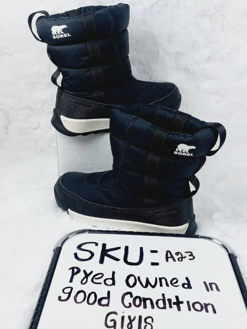 Sorel Girl's Black White Whitney II Puffy Mid-Calf Waterproof Snow Boots Size 13